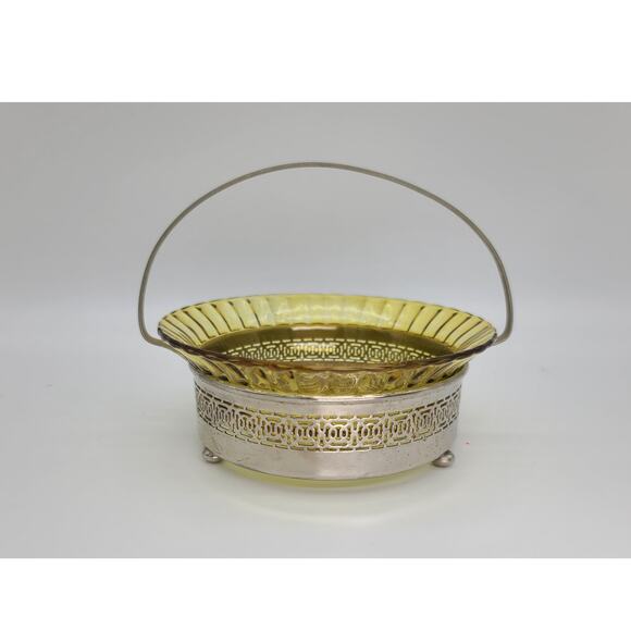 Vtg c1900s Heisey Glass Amber Bride Basket Royal Rochester Silver Repousse Stand - Picture 2 of 10